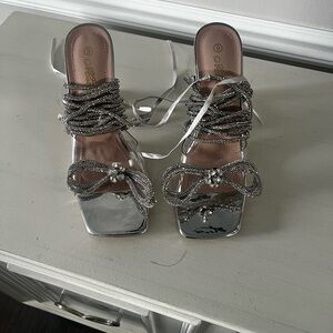 Chic Silver Women's Heels with Beaded Straps